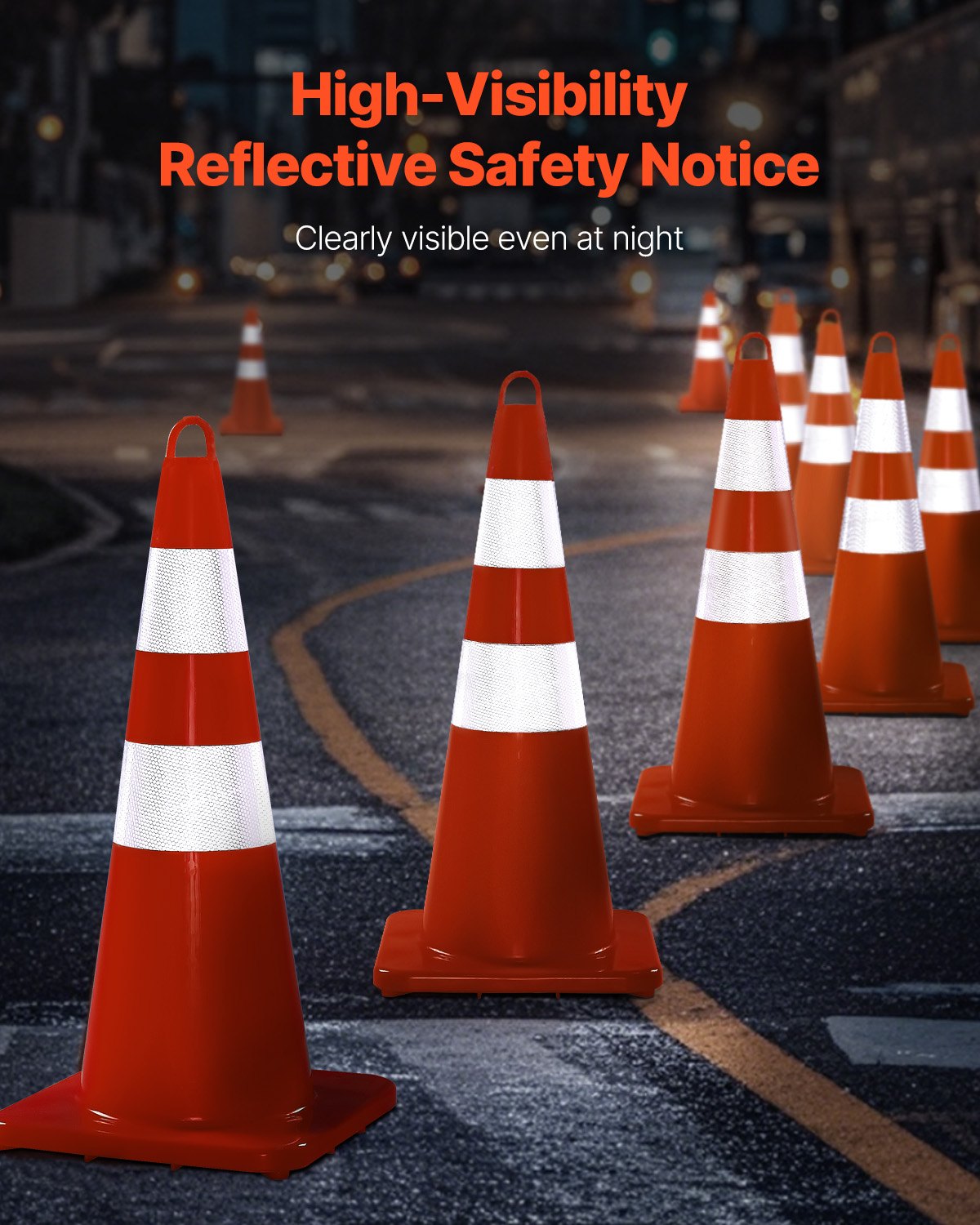 Safety Cones 10PCS 28" PVC Orange with Reflective Collars Weighted Base