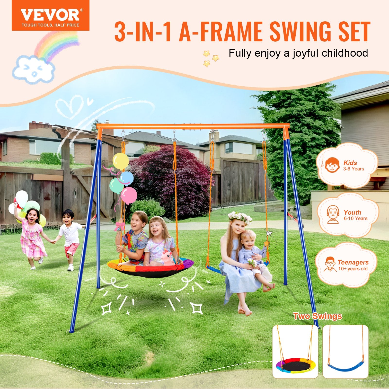 440lbs Load Capacity Swing Set with Saucer & Belt Seats, Heavy Duty A-Frame