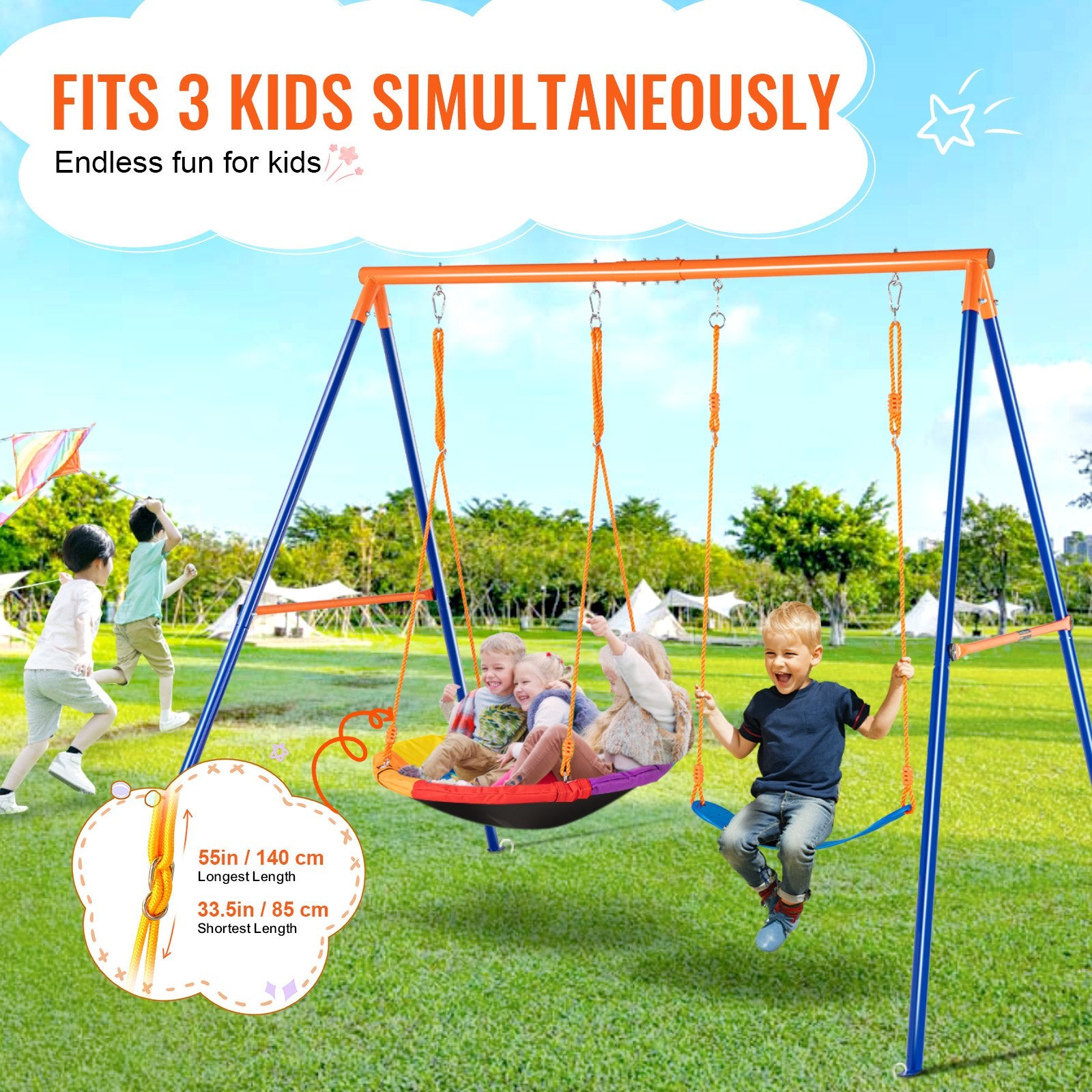 440lbs Load Capacity Swing Set with Saucer & Belt Seats, Heavy Duty A-Frame