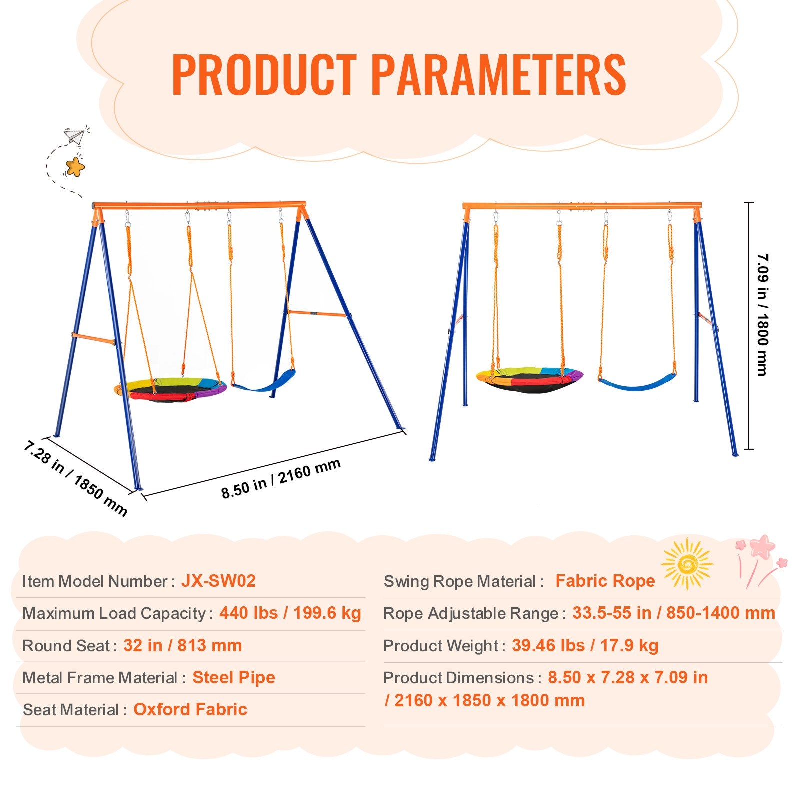 440lbs Load Capacity Swing Set with Saucer & Belt Seats, Heavy Duty A-Frame