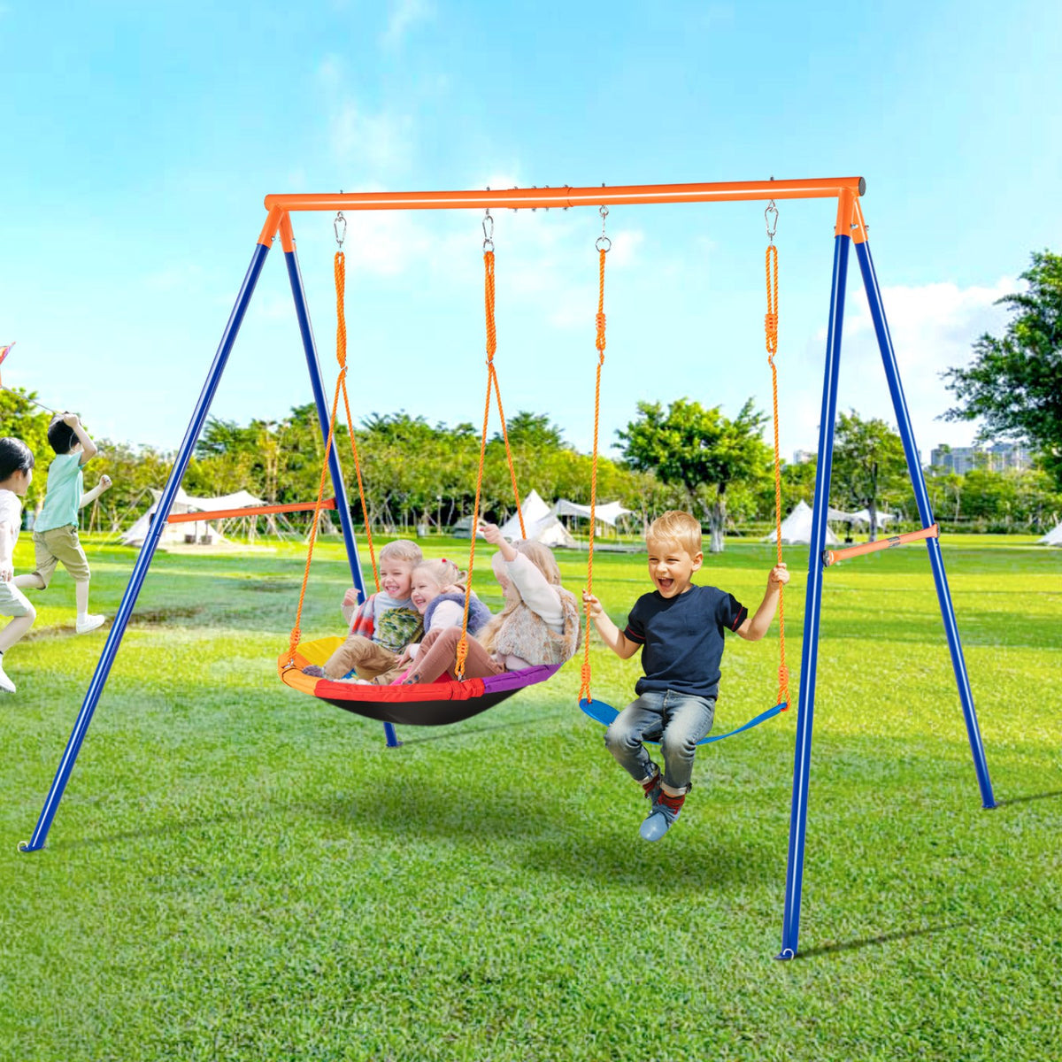 440lbs Load Capacity Swing Set with Saucer & Belt Seats, Heavy Duty A-Frame