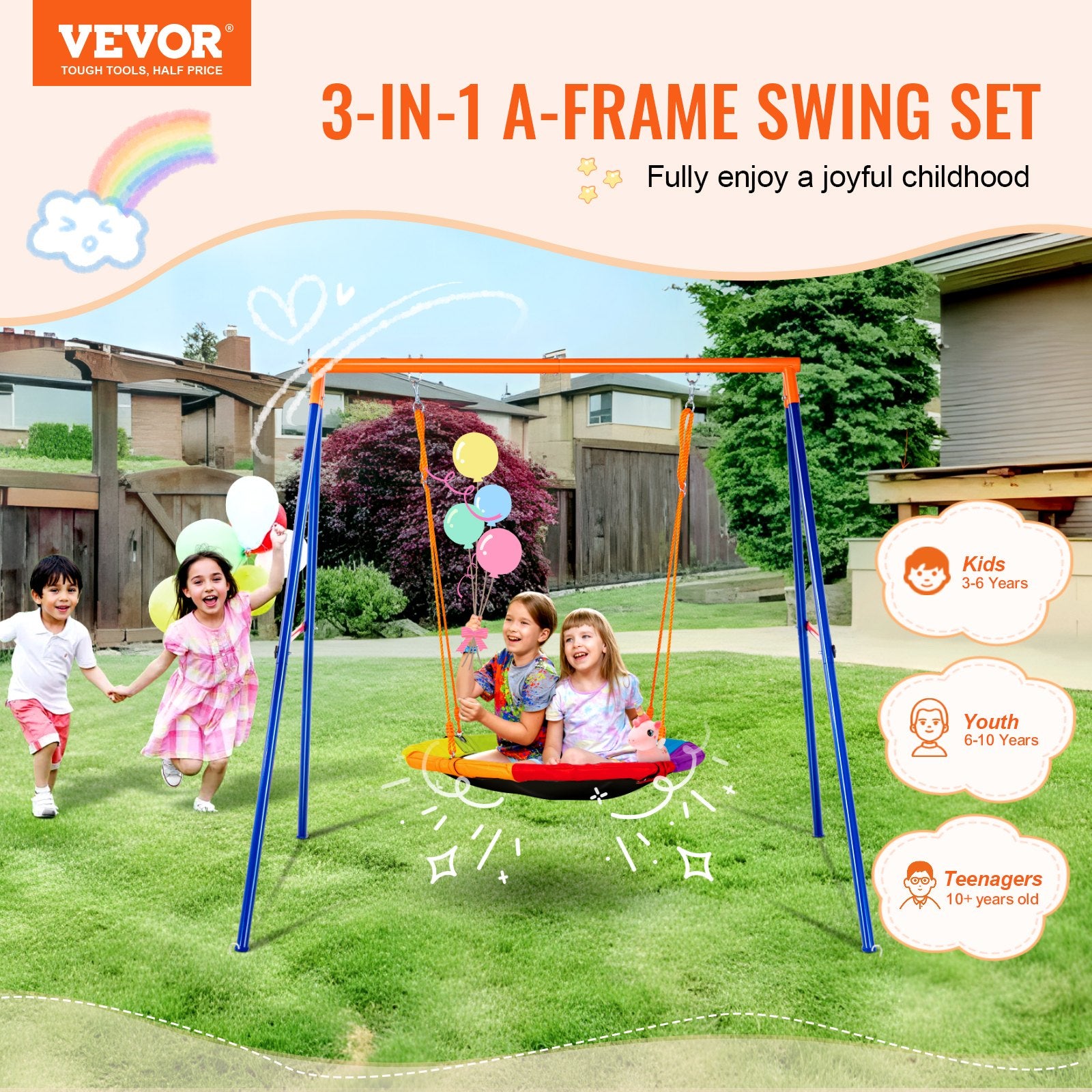 440lbs Load Capacity Saucer Swing Set with Heavy Duty A-Frame Stand for Kids