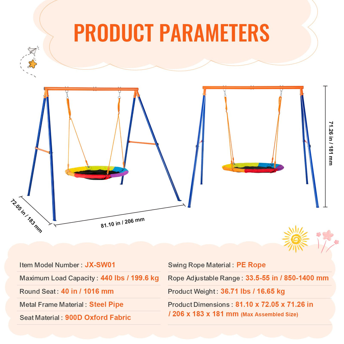 440lbs Load Capacity Saucer Swing Set with Heavy Duty A-Frame Stand for Kids
