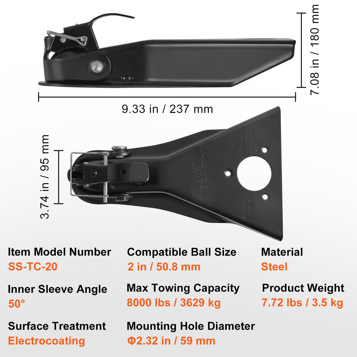 A-Frame Trailer Coupler, Heavy Duty Steel, 2-Inch Hitch, 8000 lbs Towing, Black
