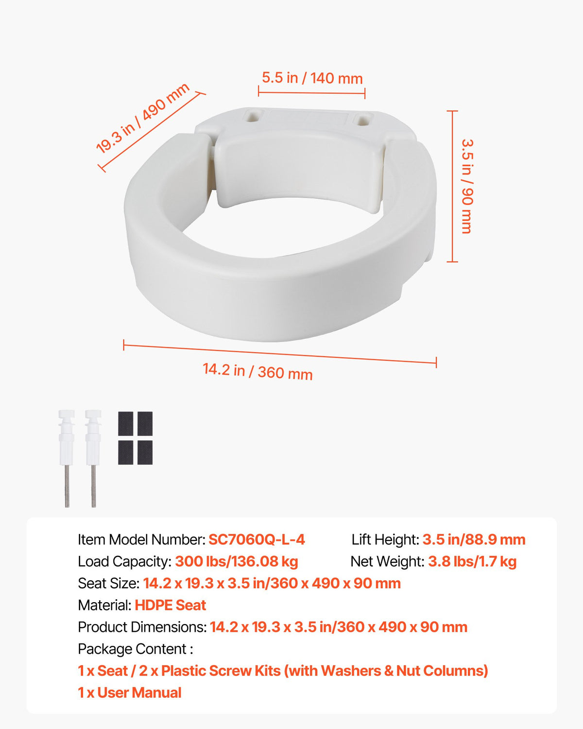 Raised Toilet Seat 136.1kg 88.9mm Lift Elongated Commode Riser Seniors Elderly