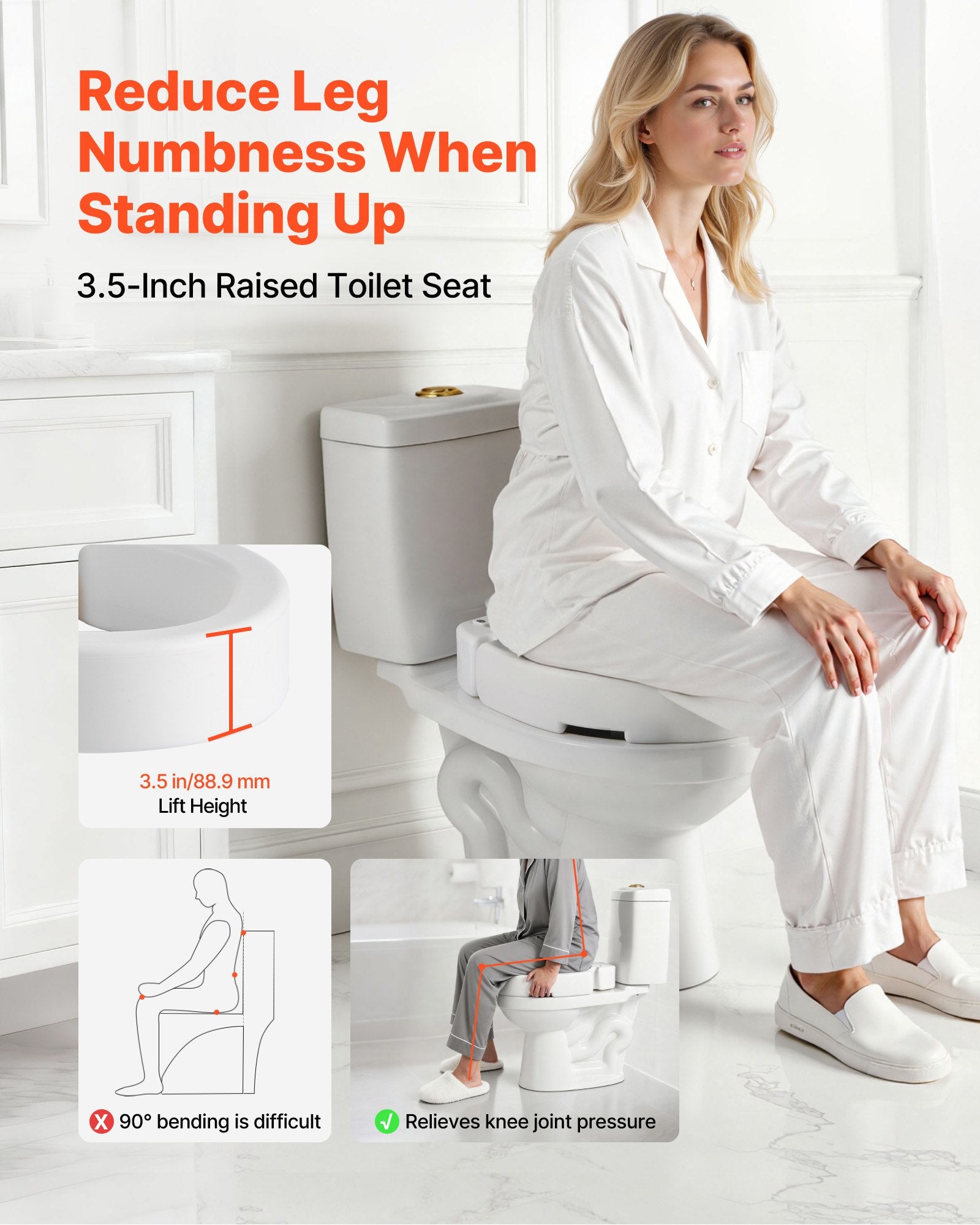 Raised Toilet Seat 136.1kg Load 88.9mm Lift Commode Riser Enlarged Round Bowl