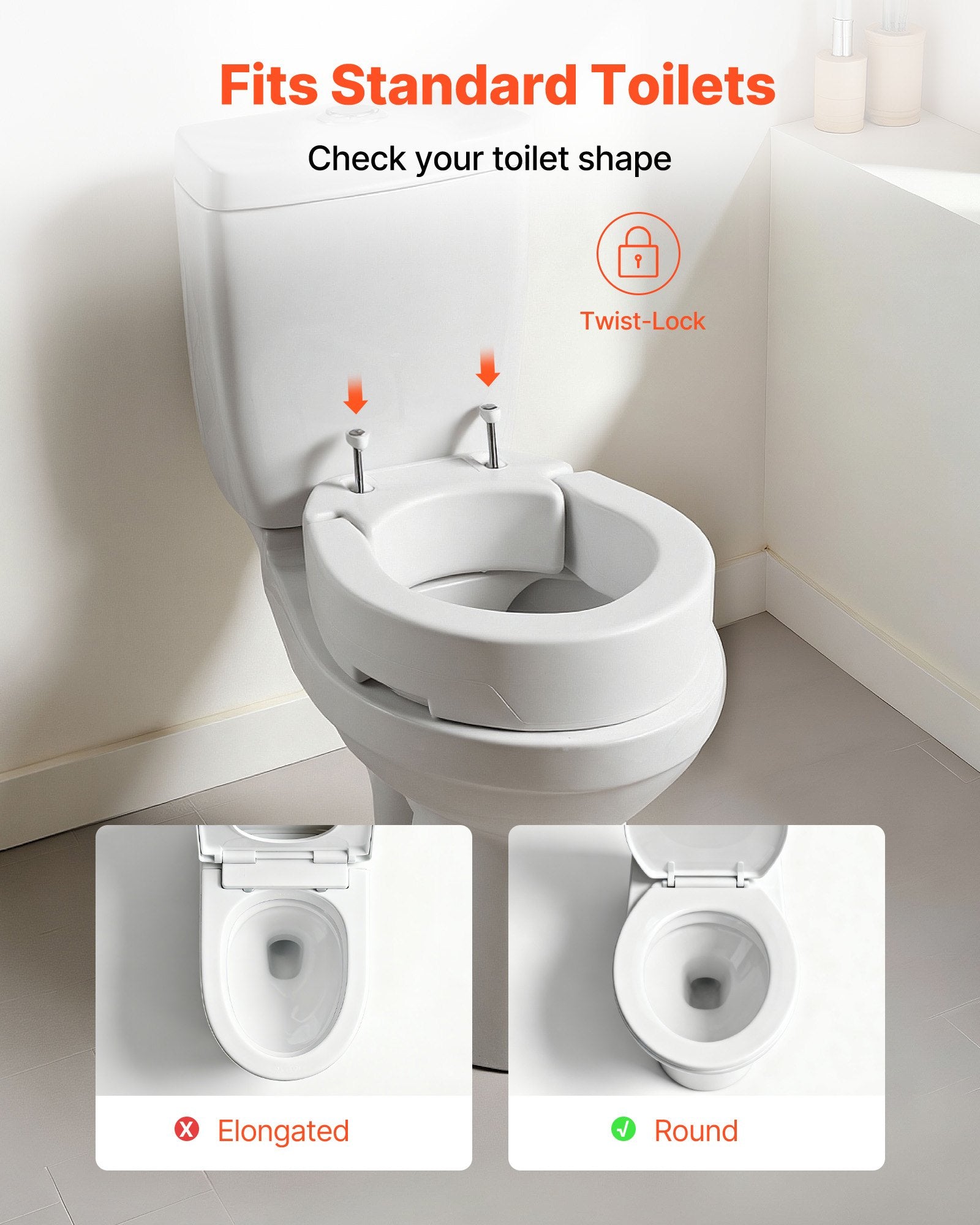 Raised Toilet Seat 136.1kg Load 88.9mm Lift Commode Riser Enlarged Round Bowl