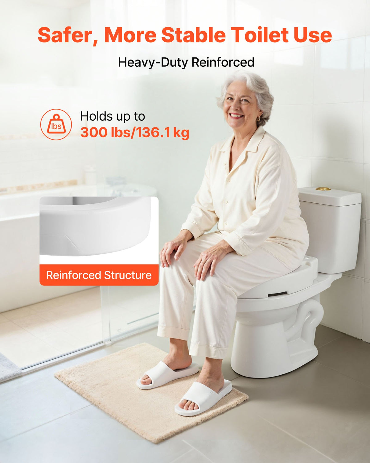 Raised Toilet Seat 136.1kg Load 88.9mm Lift Commode Riser Enlarged Round Bowl