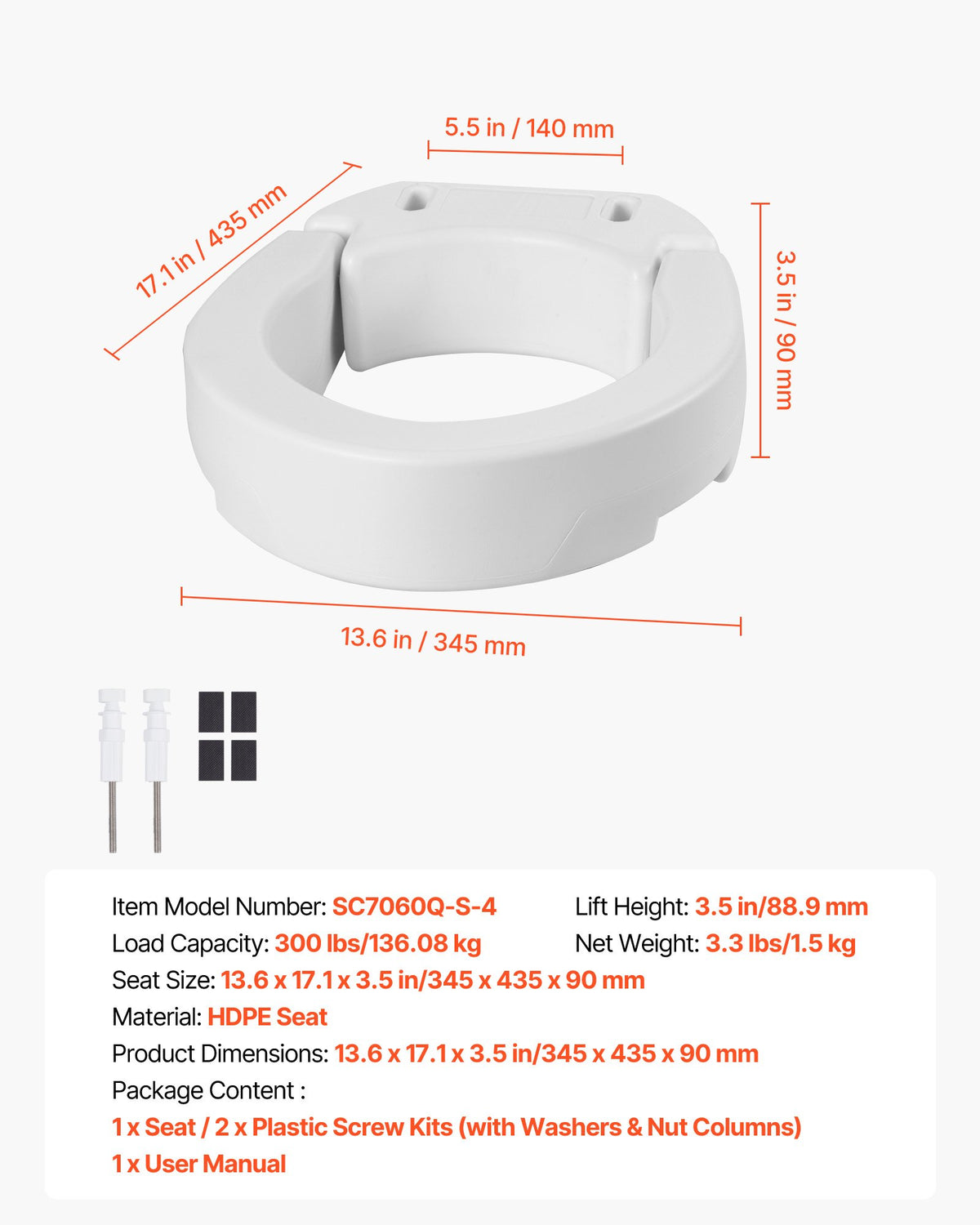 Raised Toilet Seat 136.1kg Load 88.9mm Lift Commode Riser Enlarged Round Bowl