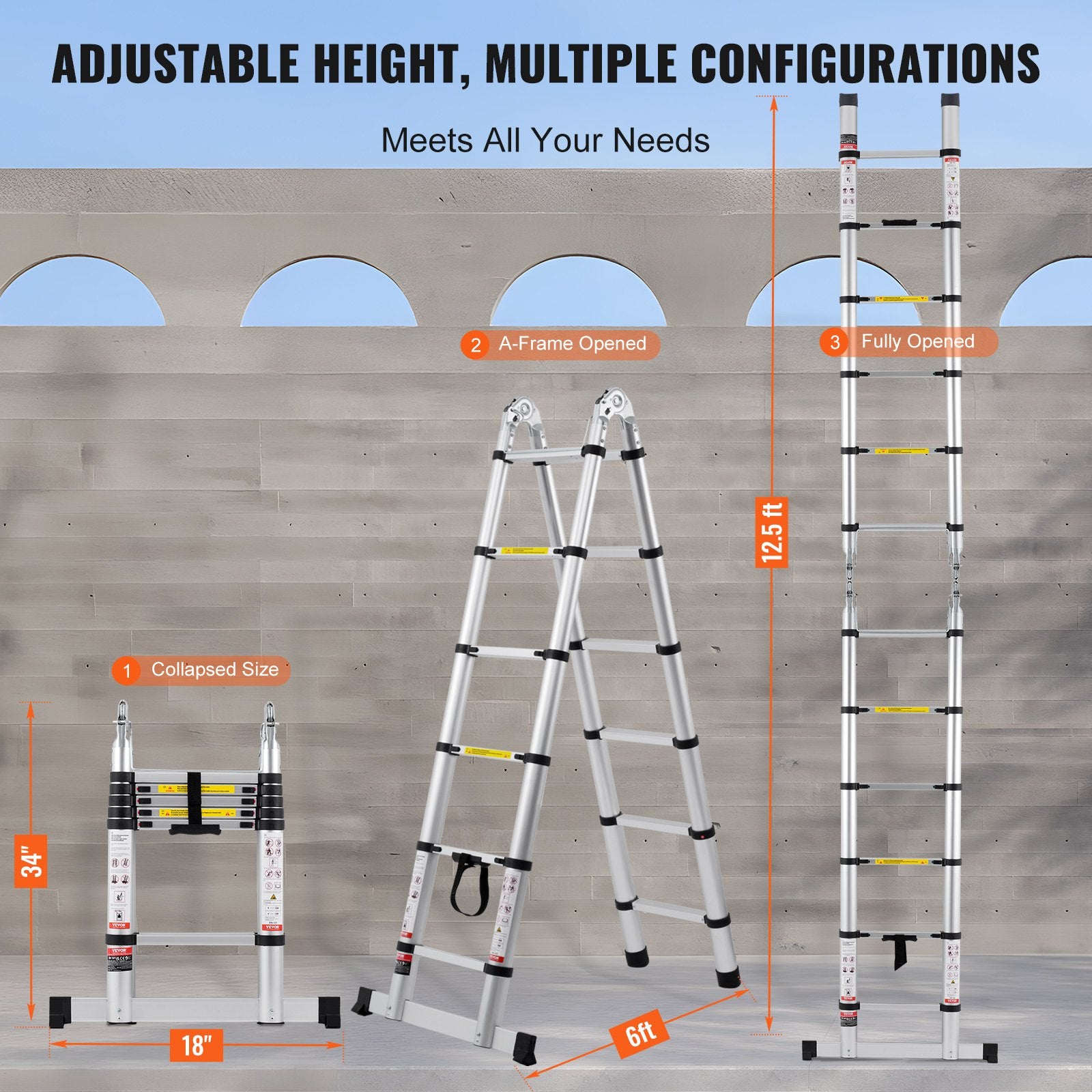 Telescoping Ladder 12.5FT A-Shape Aluminum Multi-Button Retraction 375LBS