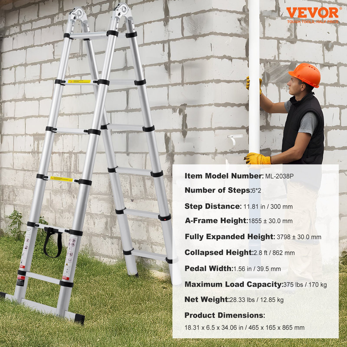 Telescoping Ladder 12.5FT A-Shape Aluminum Multi-Button Retraction 375LBS
