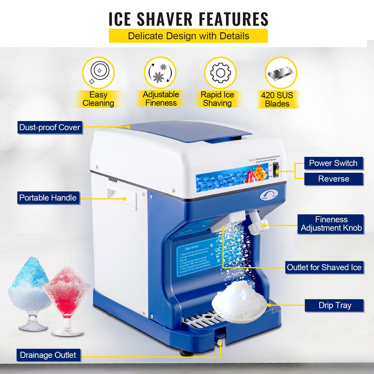 Ice Shaver 265LBS/Hour Snow Cone Slushie Dessert Maker Stainless Steel Kitchen
