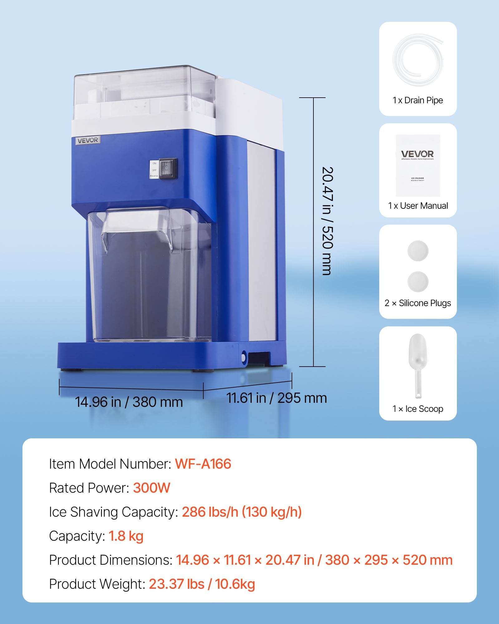 Commercial Ice Shaver 1.8L Electric Snow Cone Maker with Stainless Steel Blades