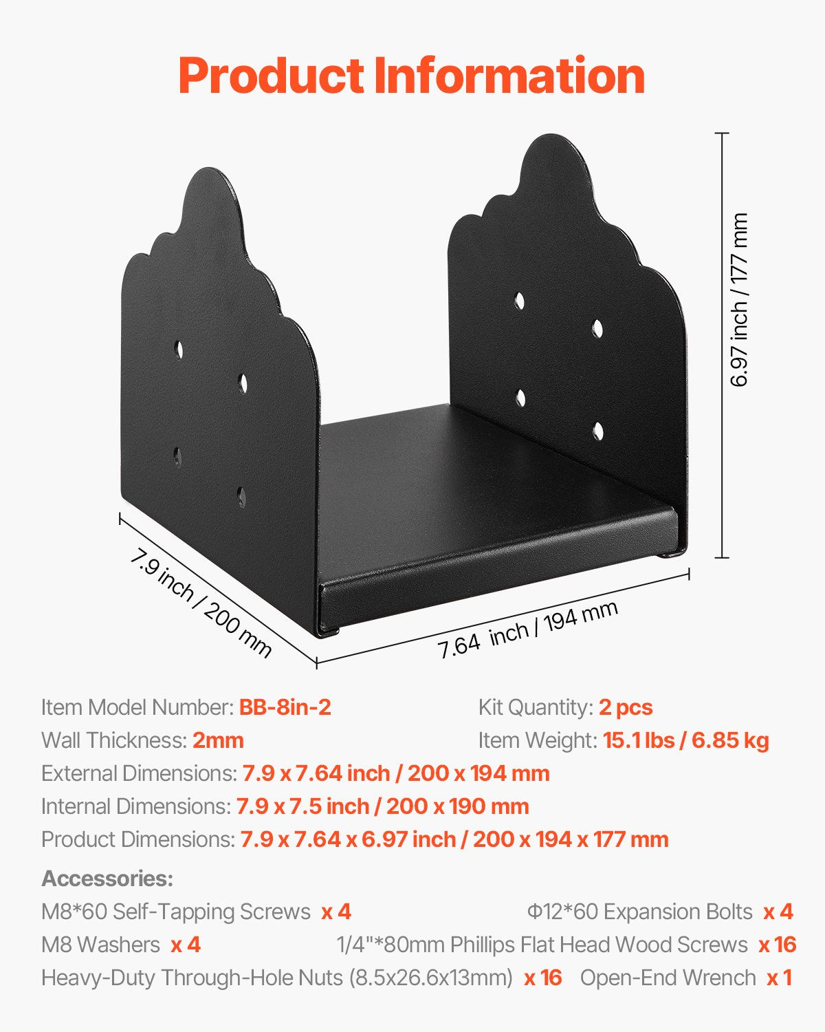 8x8 Post Base 2Pcs 200x190mm Heavy Duty Carbon Steel Wood Post Bracket Black