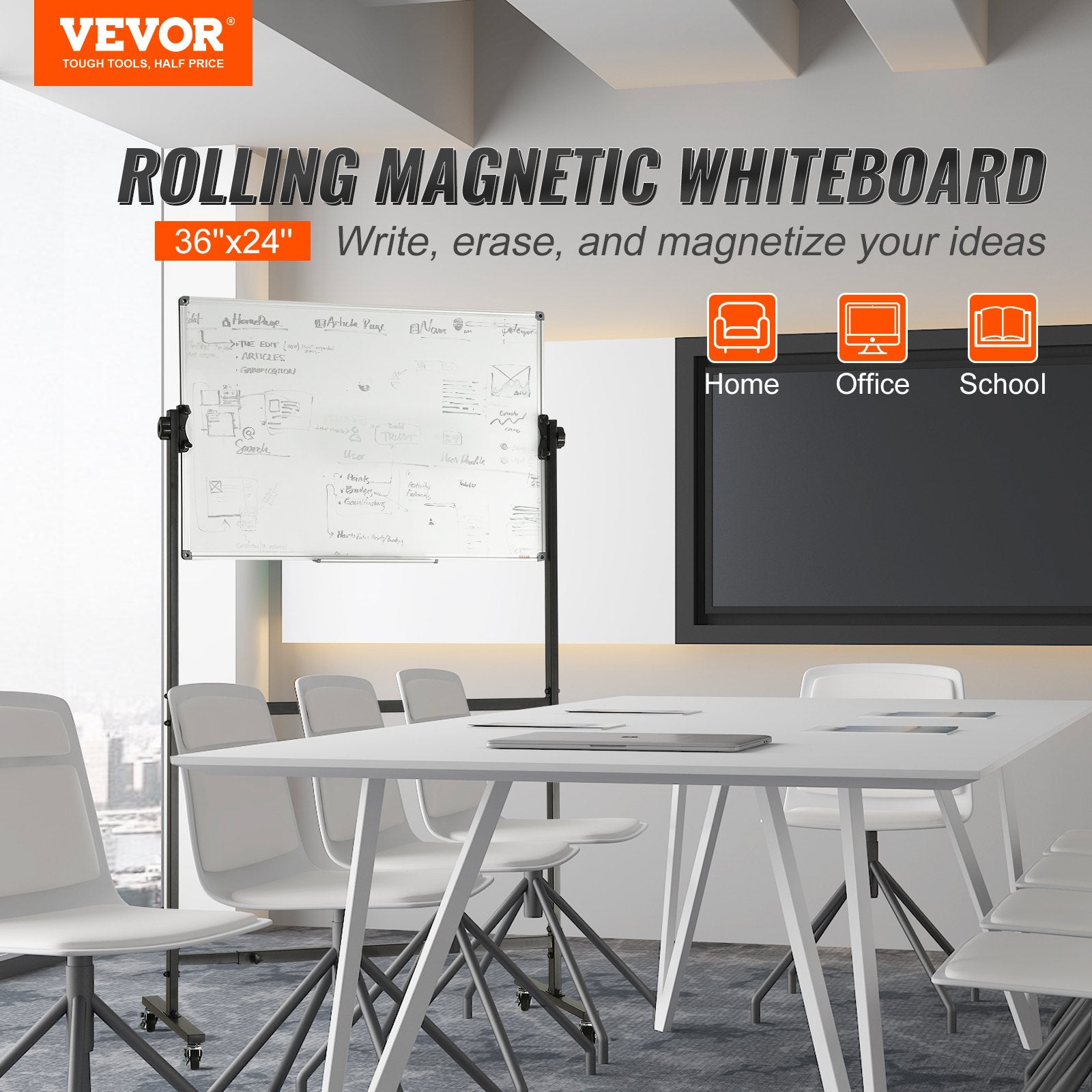 Rolling Magnetic Whiteboard 91.5x61cm Double-Sided Adjustable Dry Erase Board