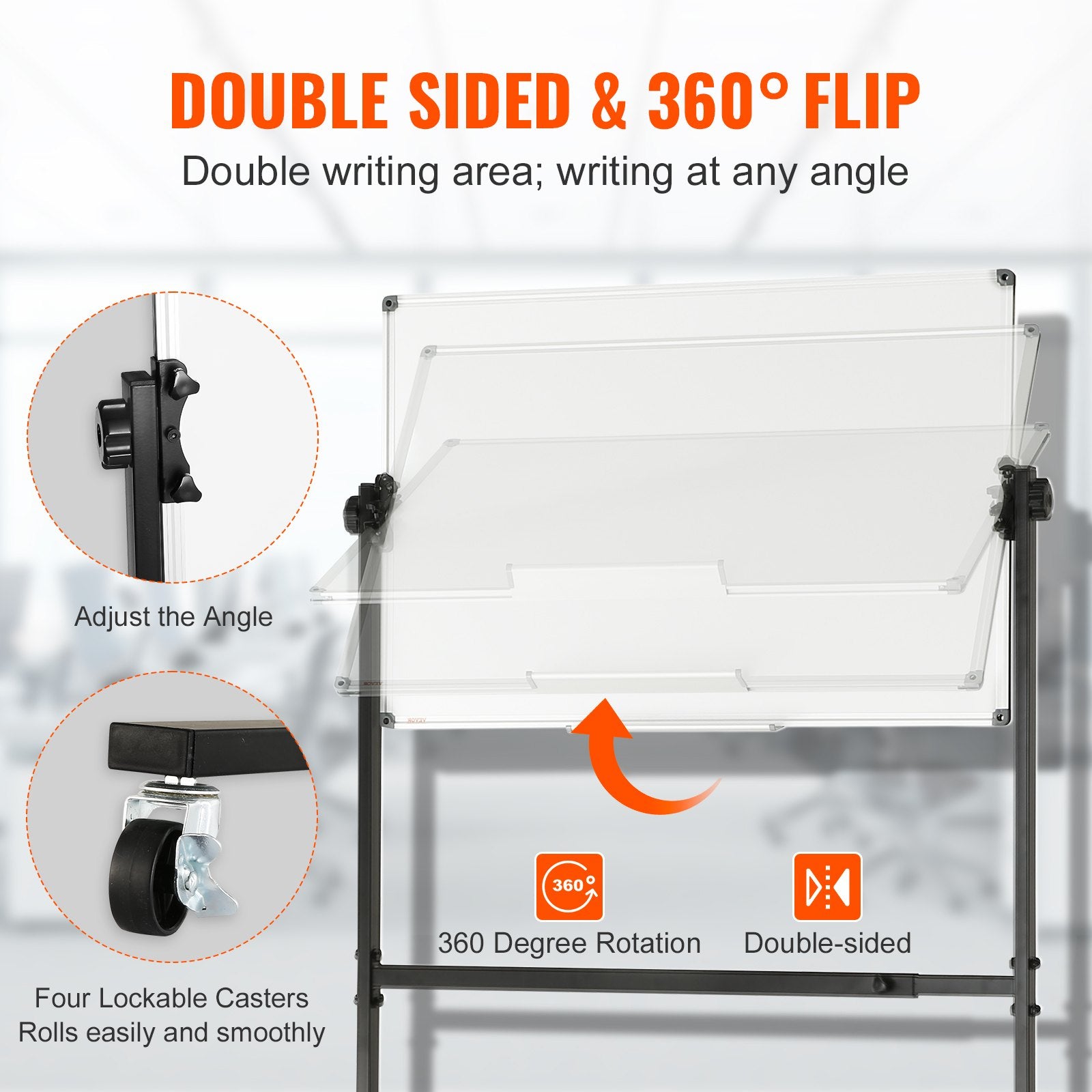 Rolling Magnetic Whiteboard 91.5x61cm Double-Sided Adjustable Dry Erase Board