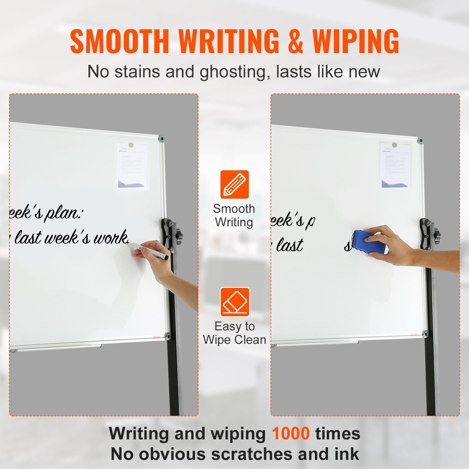 Rolling Magnetic Whiteboard 91.5x61cm Double-Sided Adjustable Dry Erase Board