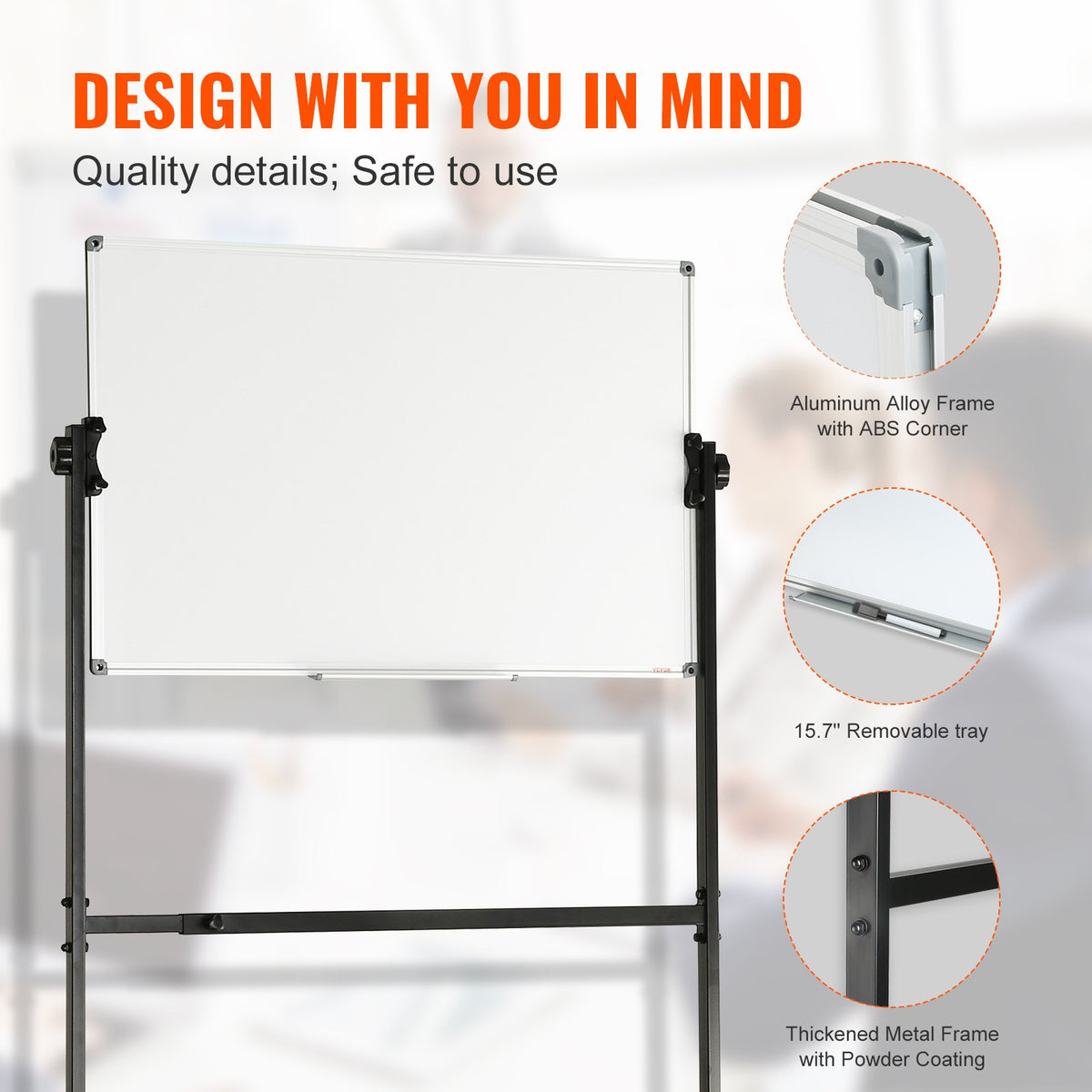 Rolling Magnetic Whiteboard 91.5x61cm Double-Sided Adjustable Dry Erase Board