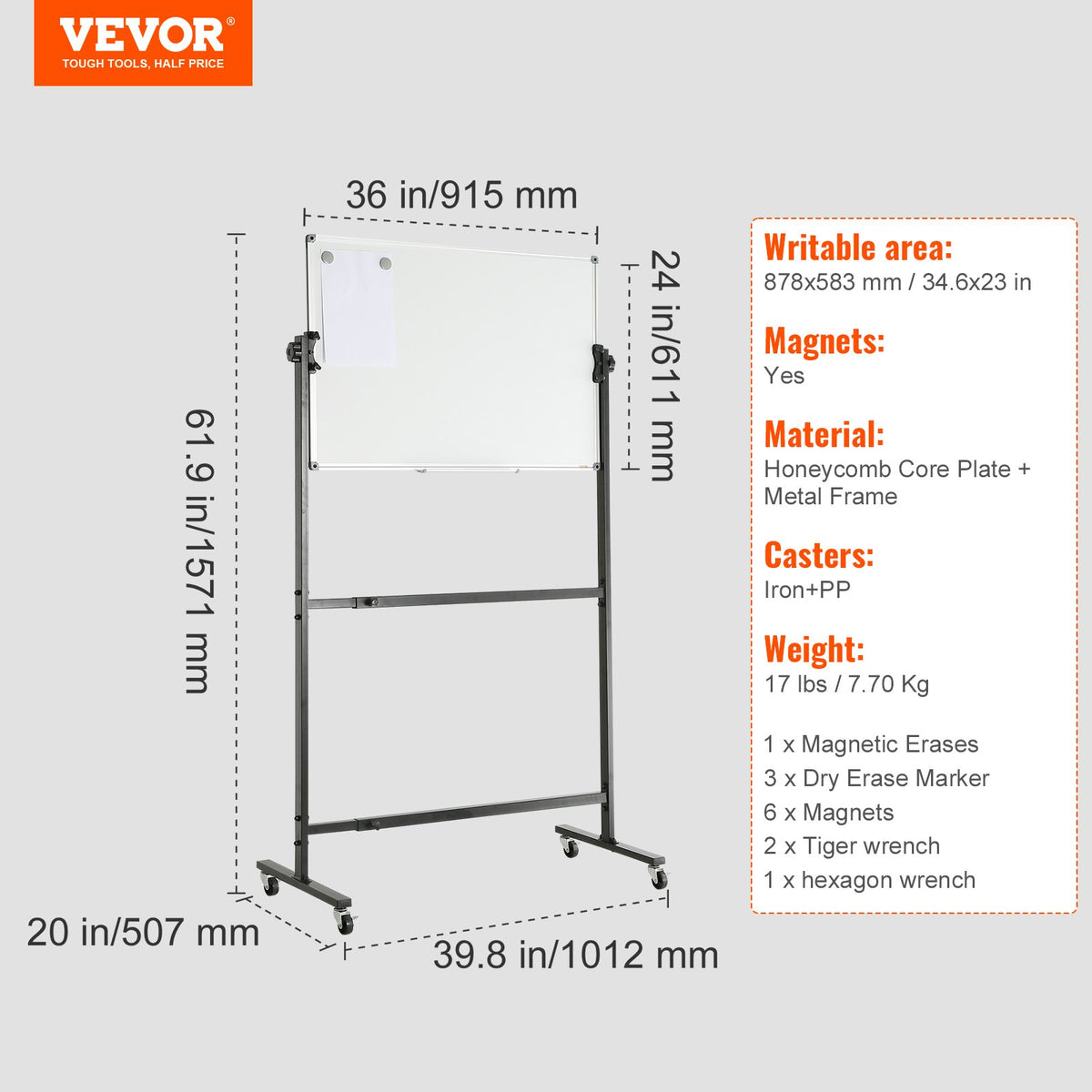 Rolling Magnetic Whiteboard 91.5x61cm Double-Sided Adjustable Dry Erase Board