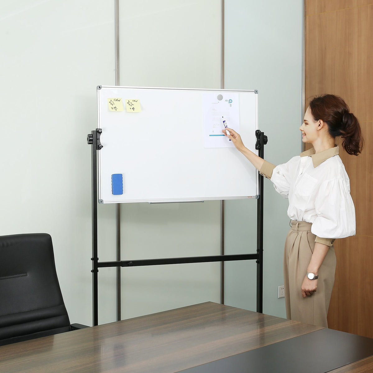 Rolling Magnetic Whiteboard 91.5x61cm Double-Sided Adjustable Dry Erase Board