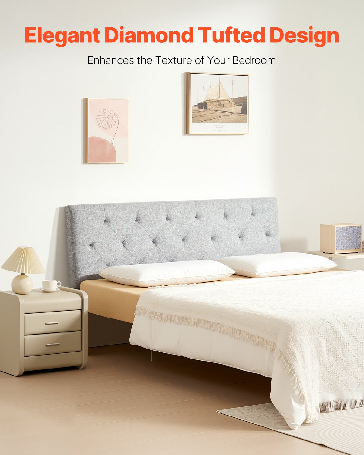 Headboard Full Size Adjustable Height Diamond Tufted for Bed Light Grey