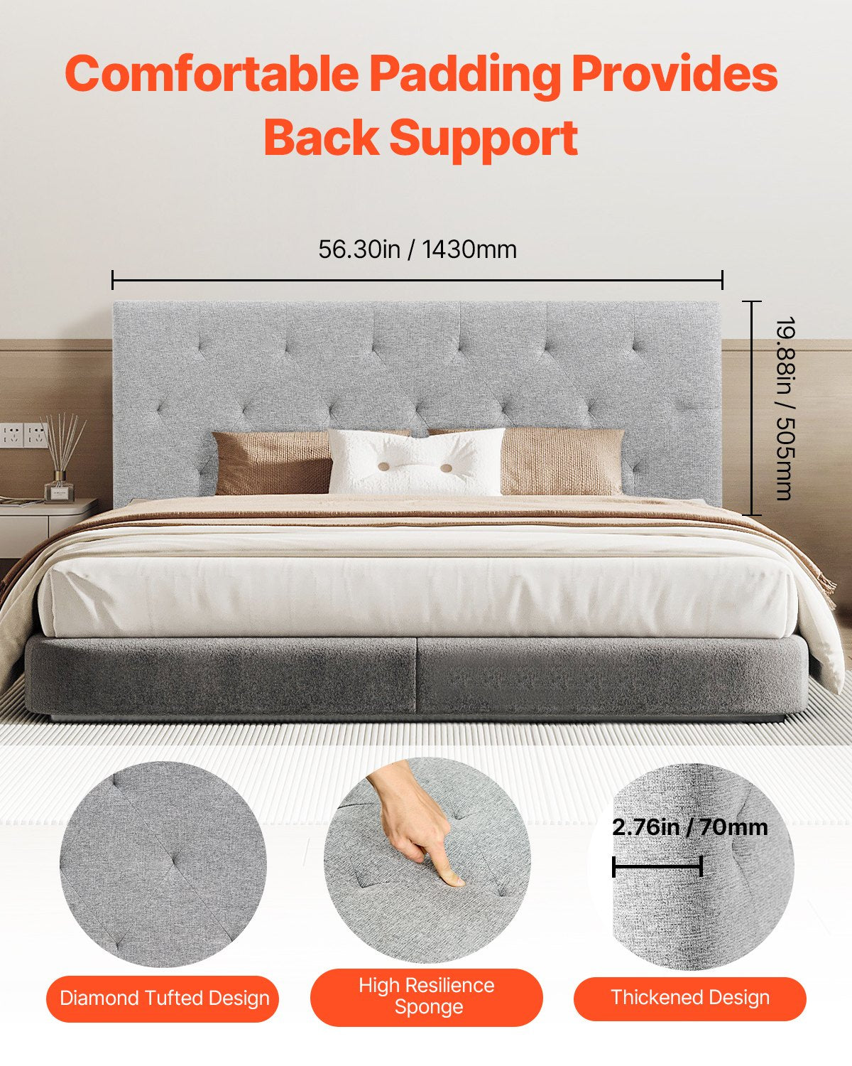 Headboard Full Size Adjustable Height Diamond Tufted for Bed Light Grey
