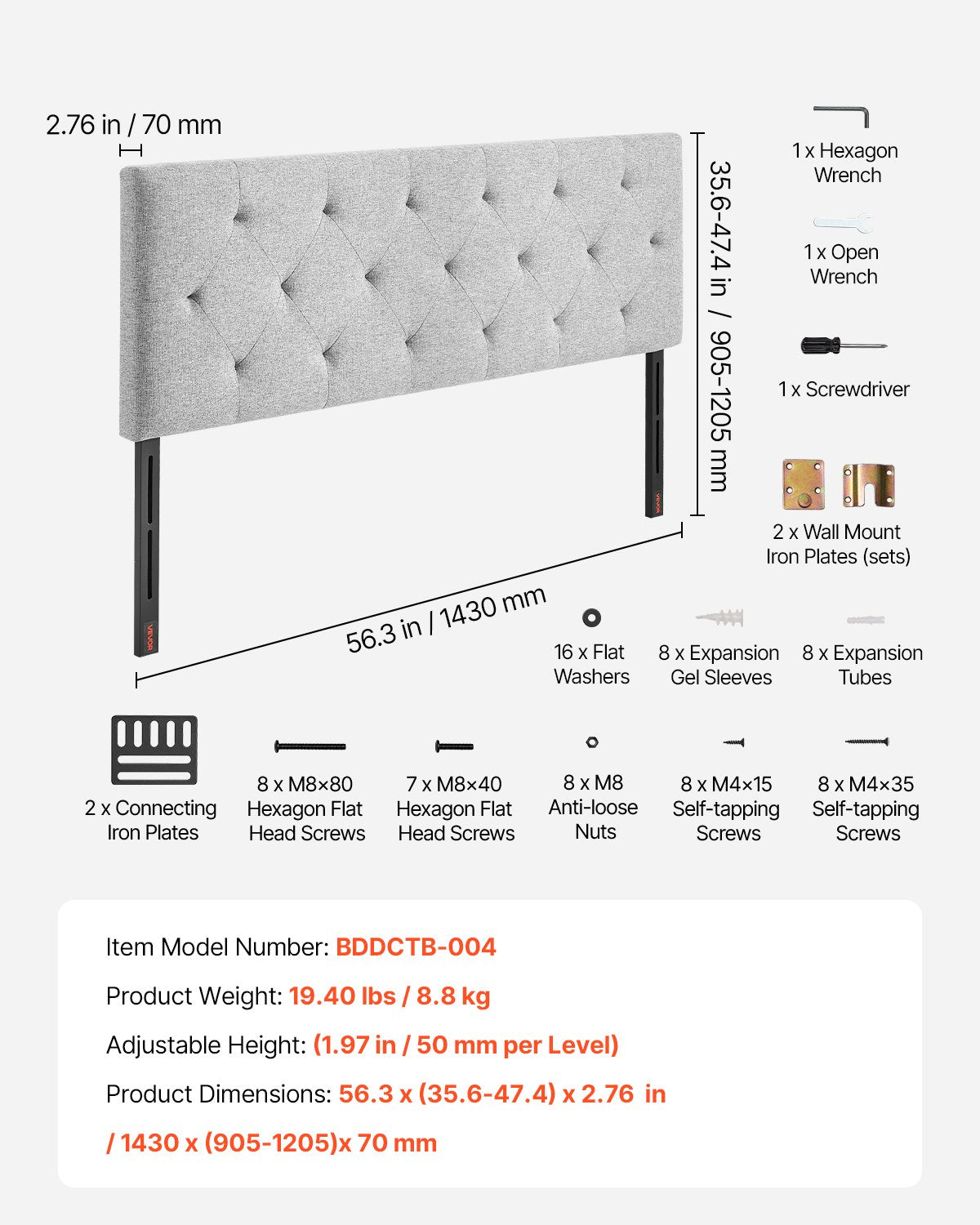 Headboard Full Size Adjustable Height Diamond Tufted for Bed Light Grey