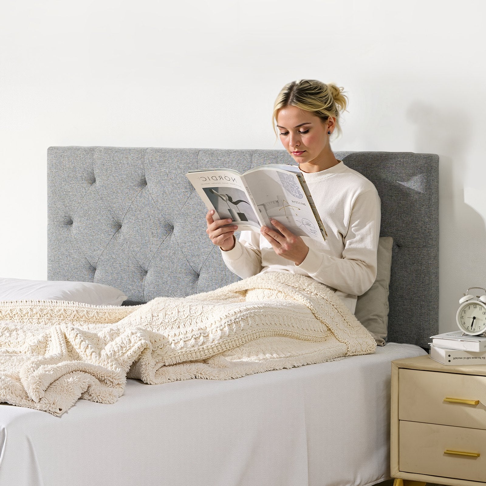 Headboard Full Size Adjustable Height Diamond Tufted for Bed Light Grey