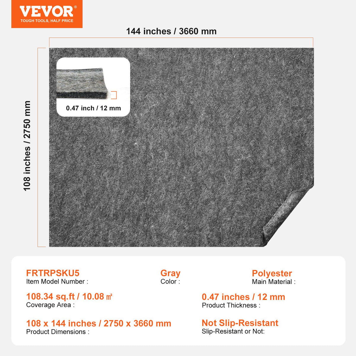 Rug Pad 9x12' 1/2" Thick Polyester Felt Carpet Cushion Gray Premium Comfort