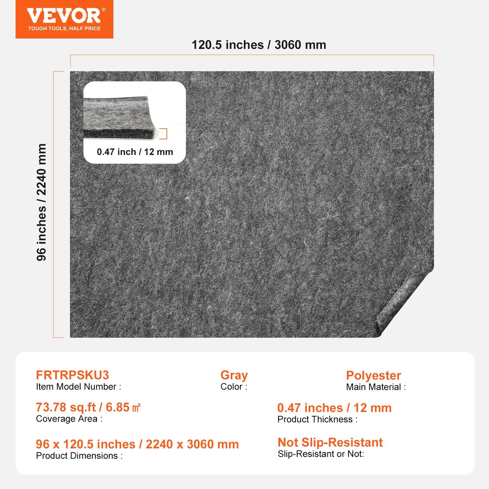 Rug Pad 8x10' 1/2" Thick Polyester Felt Carpet Cushion Gray Premium Comfort