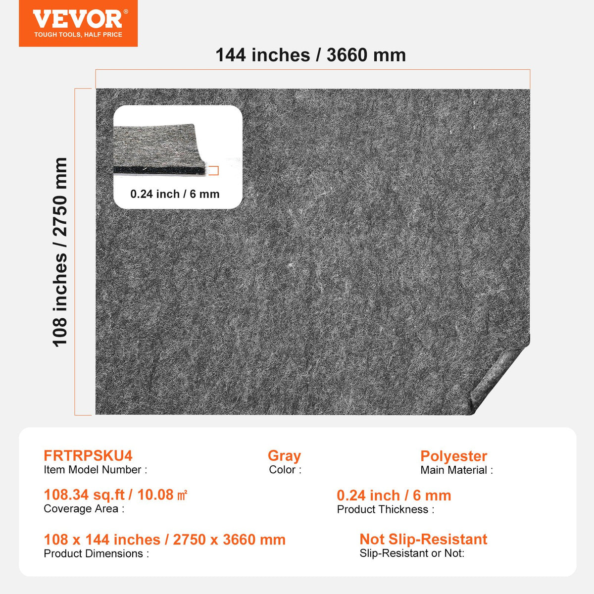 Rug Pad 9x12' 1/4" Thick Polyester Felt Carpet Cushion Gray Premium Comfort