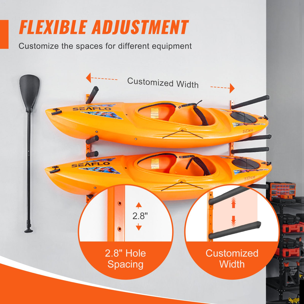 Wall Kayak Storage Rack 4-Capacity Adjustable Padded Arms 181.6kg Load