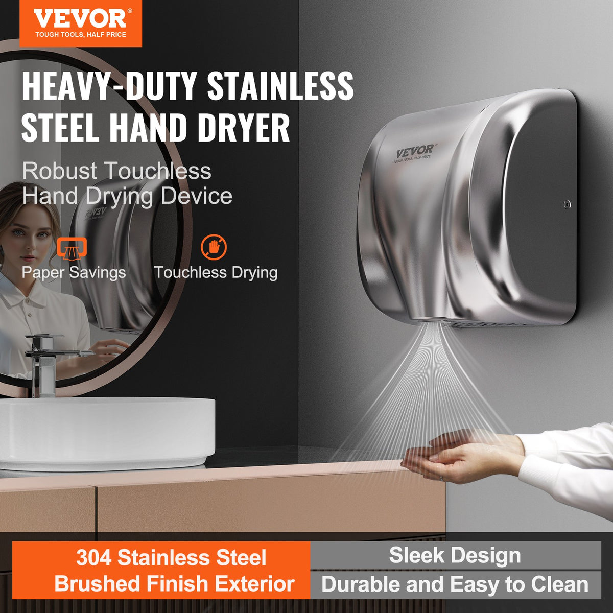 Heavy Duty Commercial Hand Dryer 1800W Automatic Stainless Steel