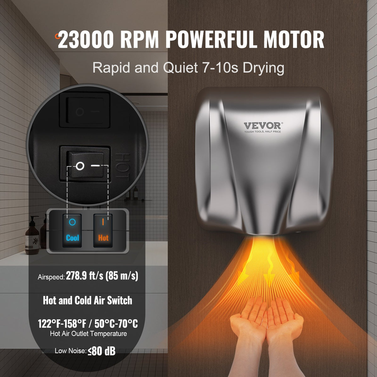 Heavy Duty Commercial Hand Dryer 1800W Automatic Stainless Steel