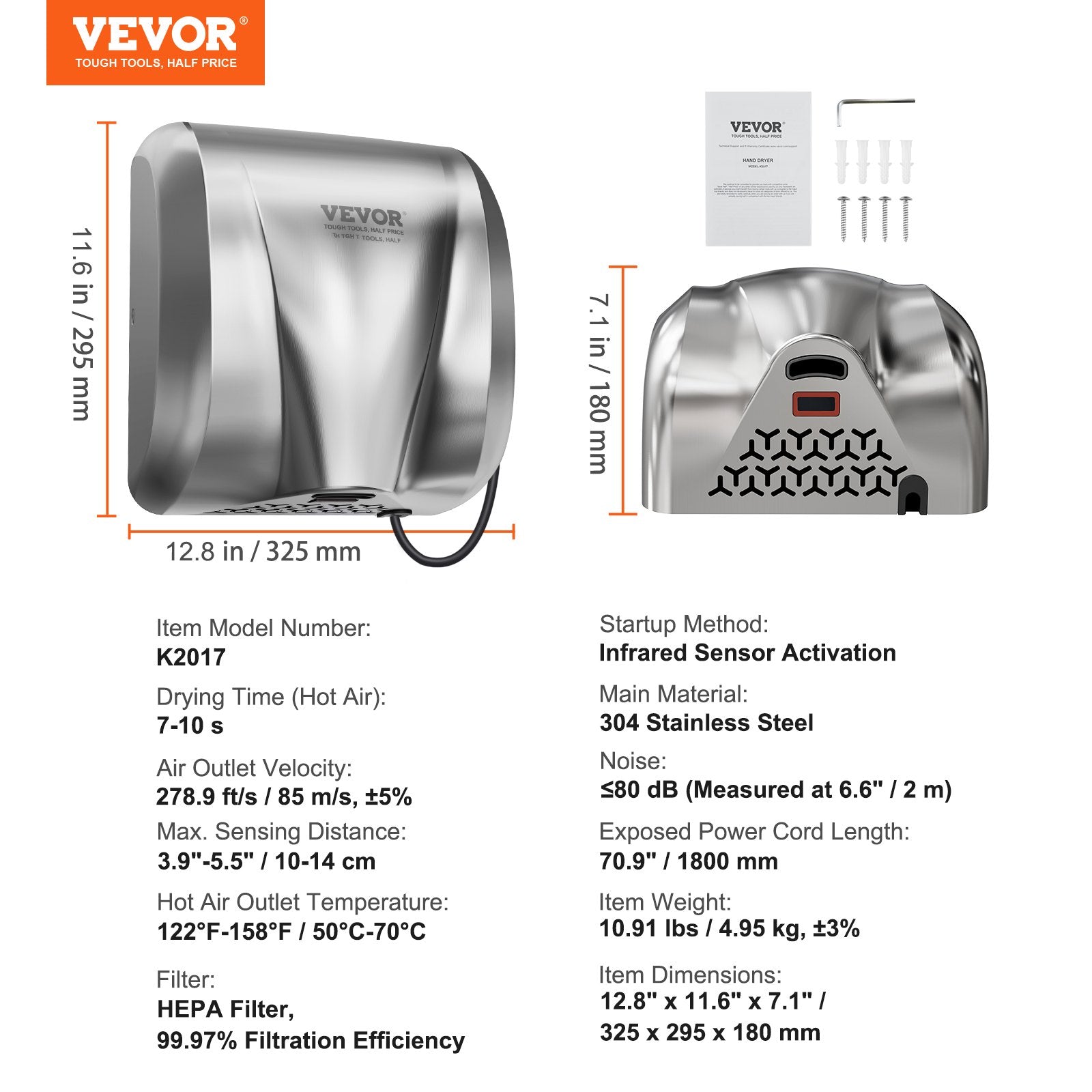 Heavy Duty Commercial Hand Dryer 1800W Automatic Stainless Steel