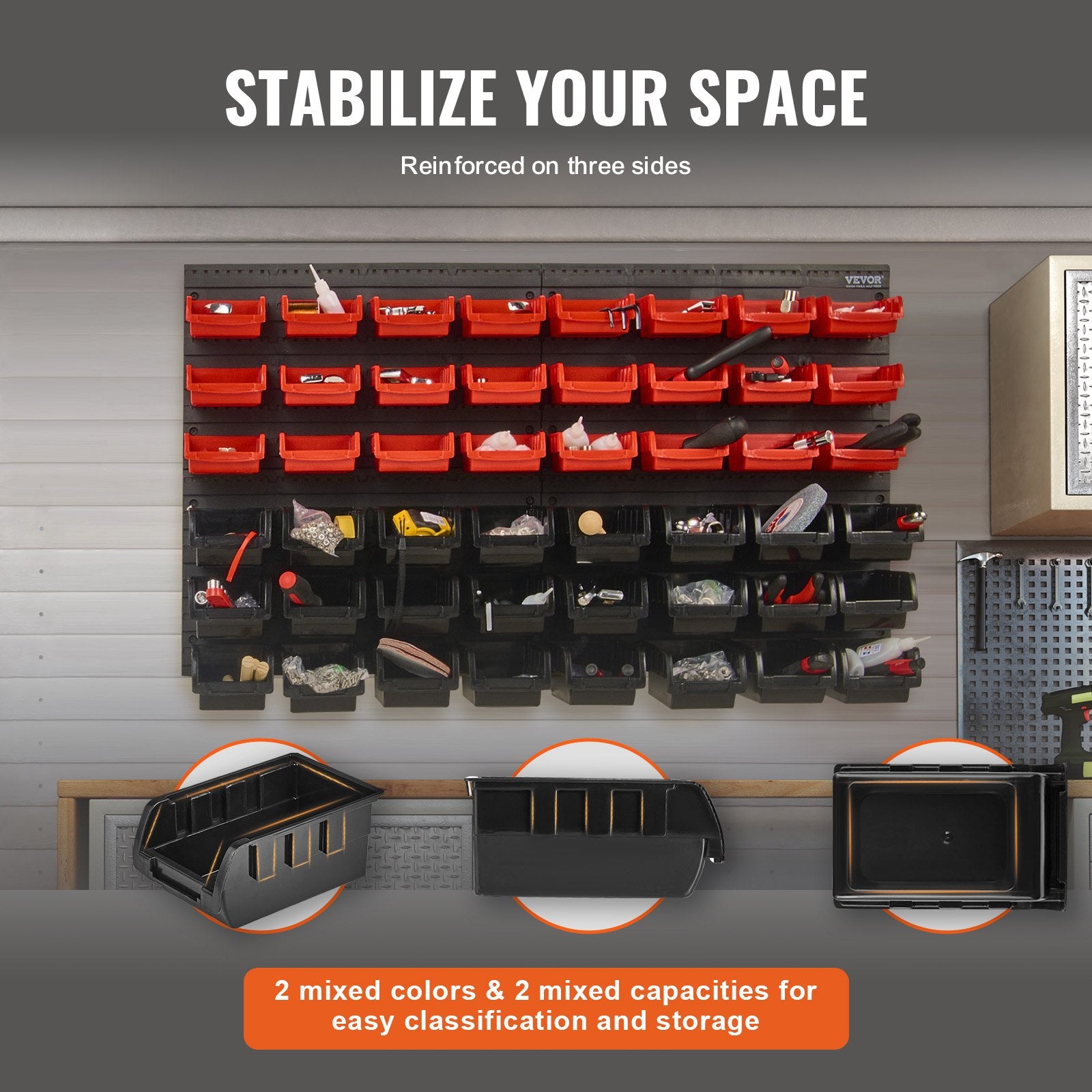 Wall Mounted 48-Bin Parts Rack Organizer with Wall Panels for Small Parts
