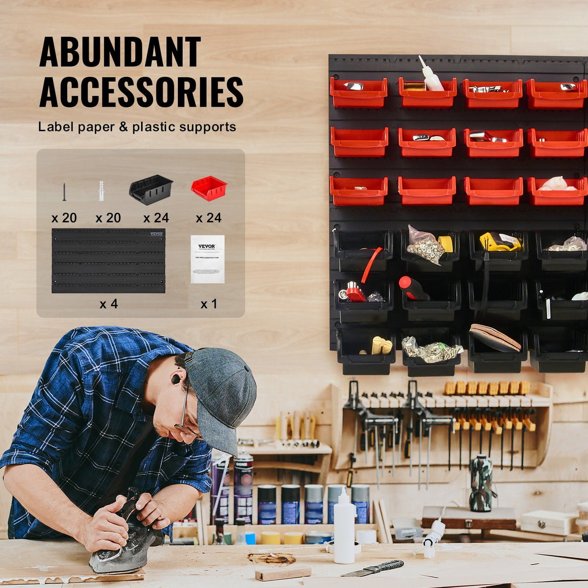 Wall Mounted 48-Bin Parts Rack Organizer with Wall Panels for Small Parts