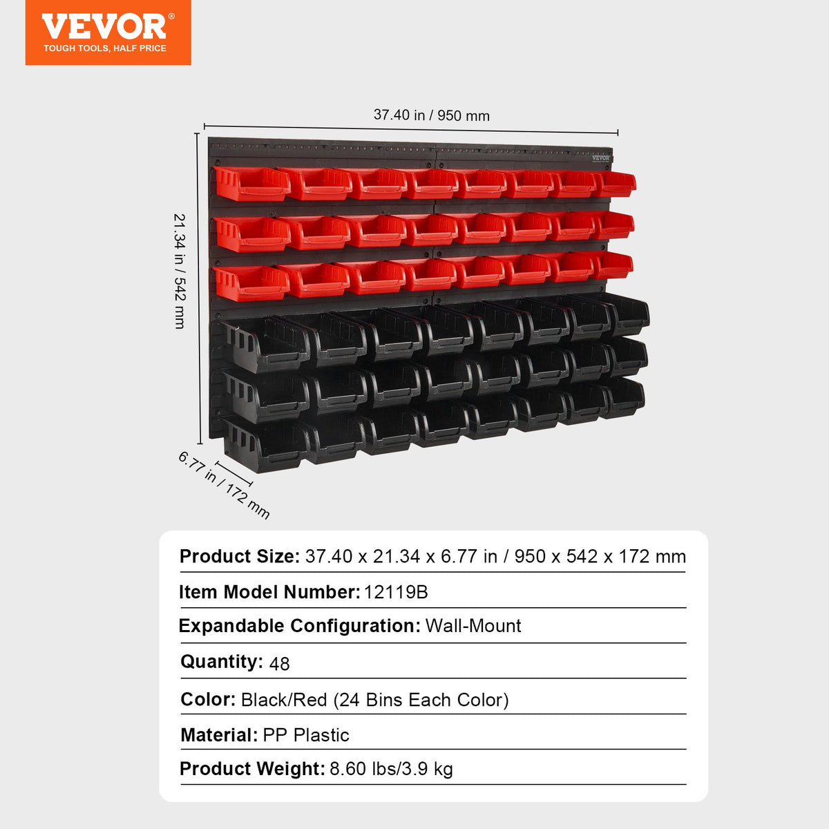 Wall Mounted 48-Bin Parts Rack Organizer with Wall Panels for Small Parts