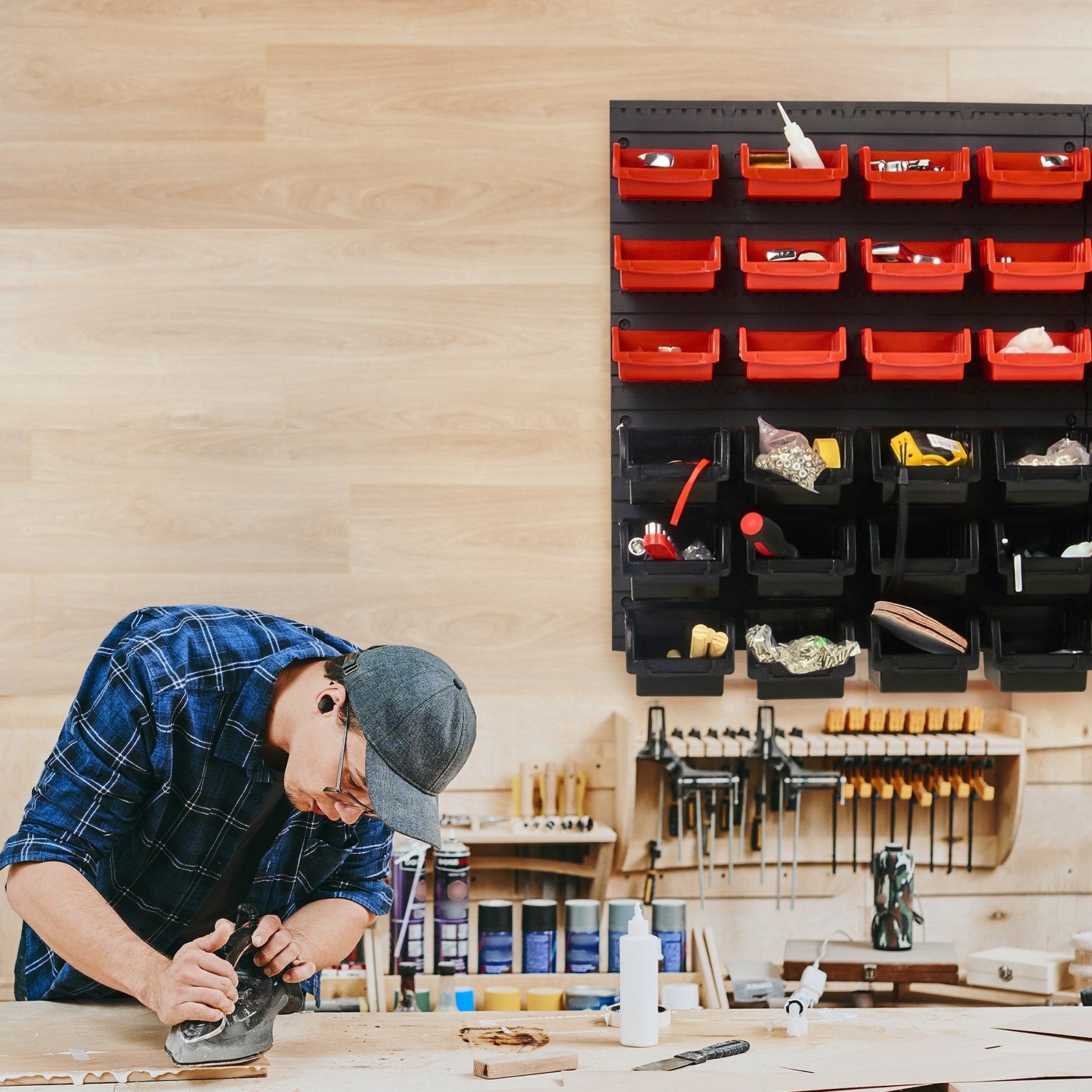Wall Mounted 48-Bin Parts Rack Organizer with Wall Panels for Small Parts