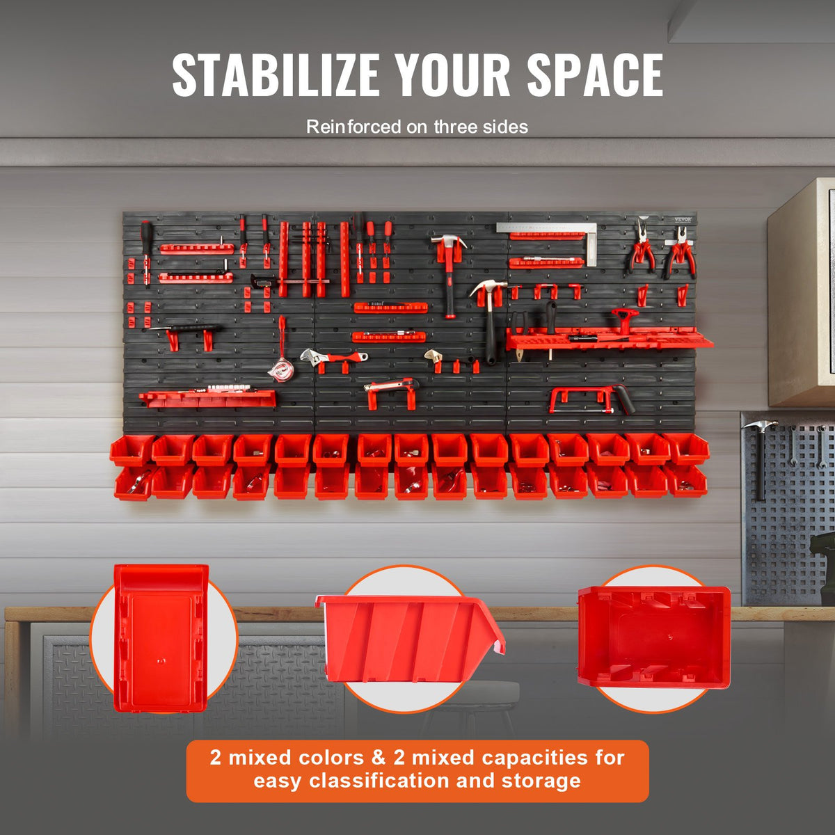 Wall Mounted Storage Bins 30-Bin Garage Organizer with Hooks Panels Black/Red