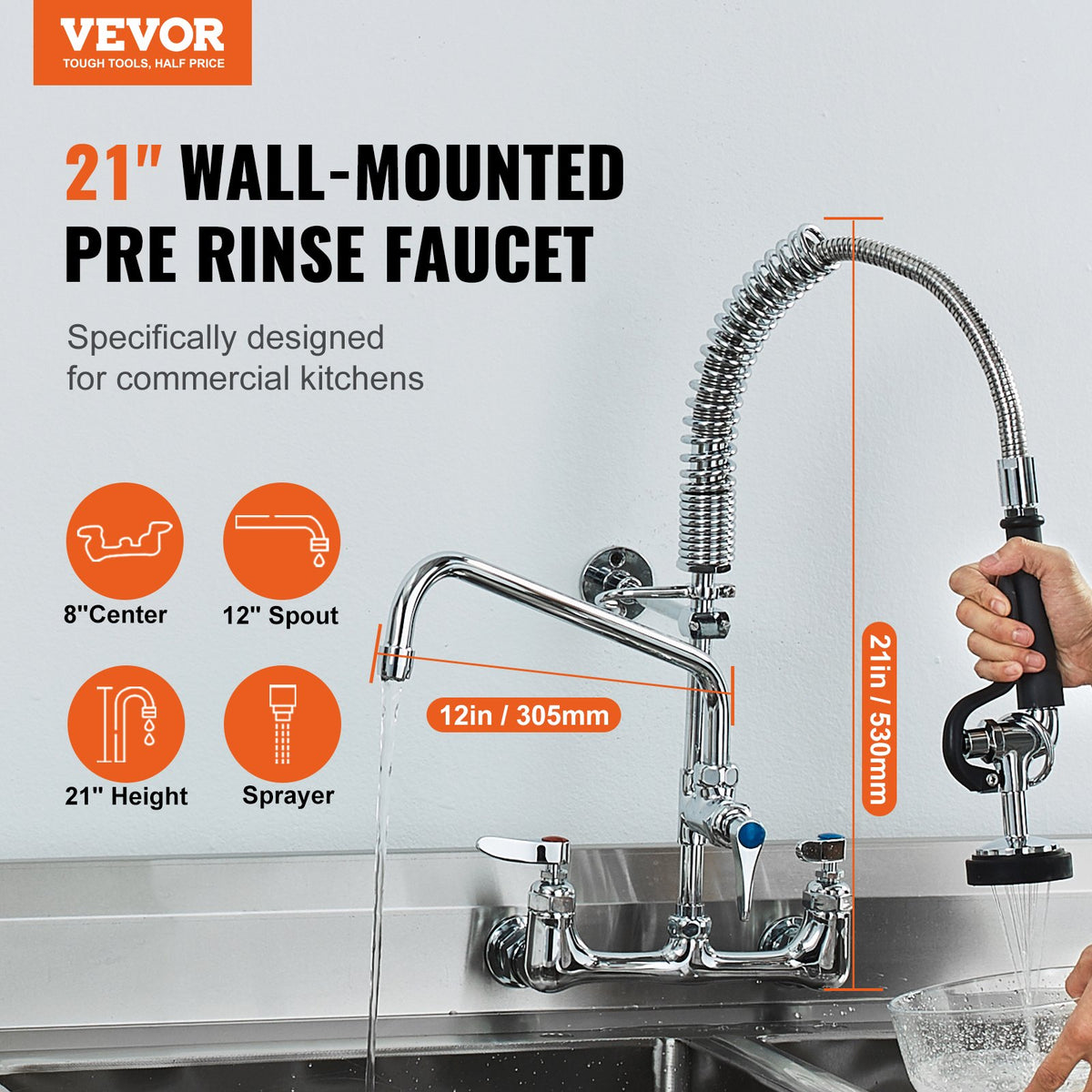 Commercial Pre-Rinse Kitchen Faucet 21" Wall Mount with 12" Swing Spout