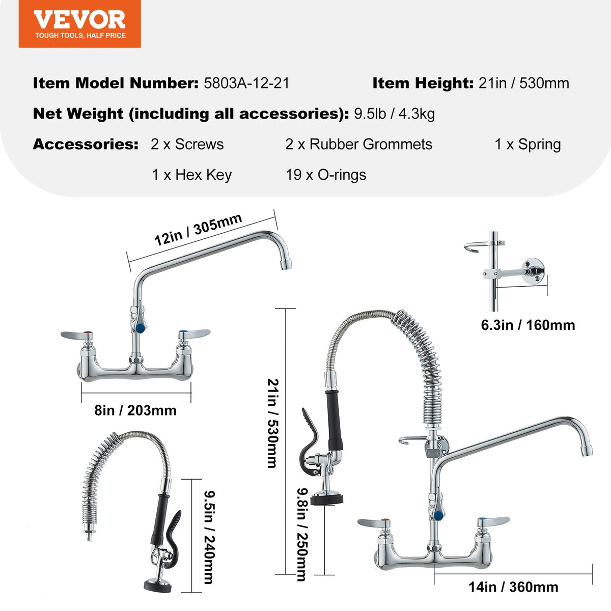 Commercial Pre-Rinse Kitchen Faucet 21" Wall Mount with 12" Swing Spout