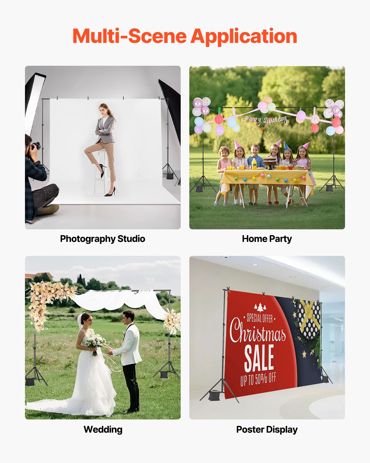 Backdrop Stand 198x300cm Adjustable Photo Kit with 5 Crossbars Studio Party