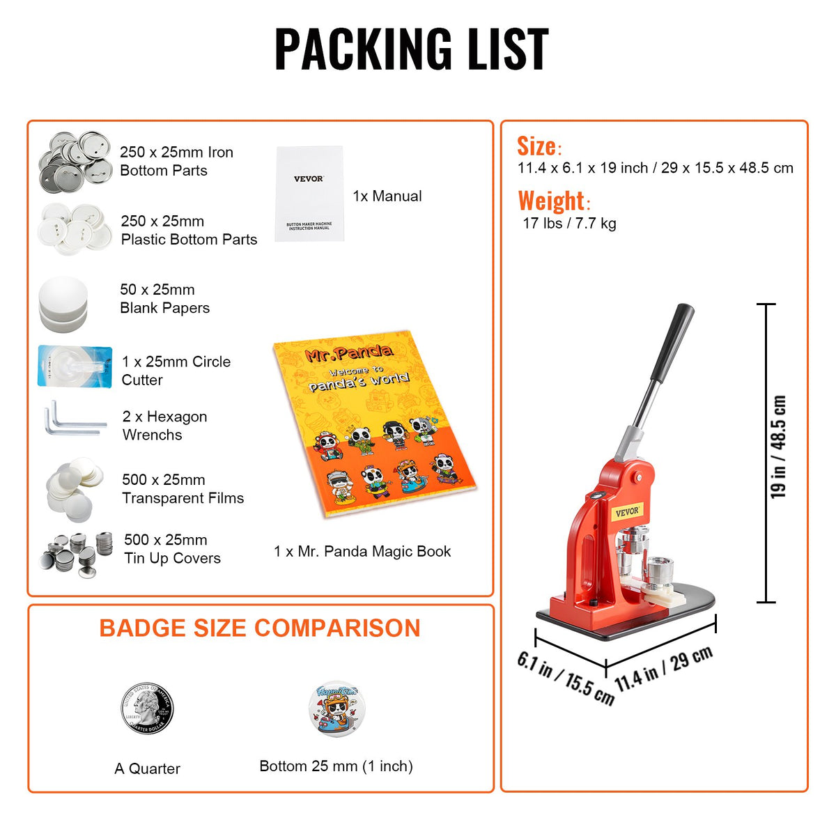 Button Maker Machine 25mm Badge Punch Kit with 500 Parts Cutter Magic Book