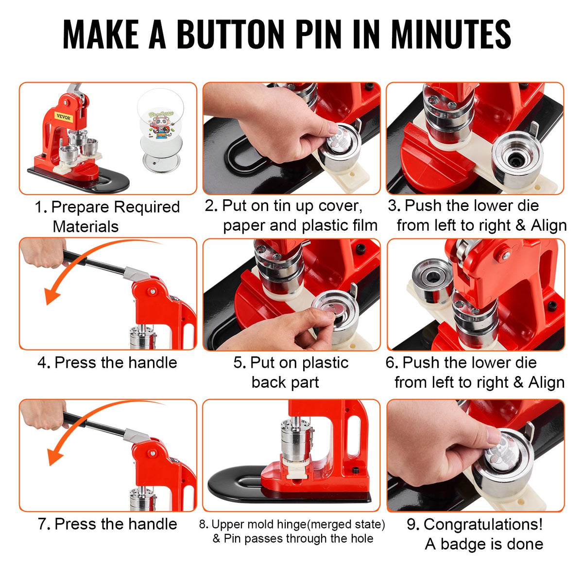 32MM Button Maker Machine 1.25" Badge Pin Machine Press Kit with 500 Parts