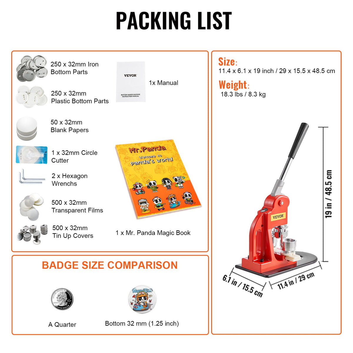 32MM Button Maker Machine 1.25" Badge Pin Machine Press Kit with 500 Parts