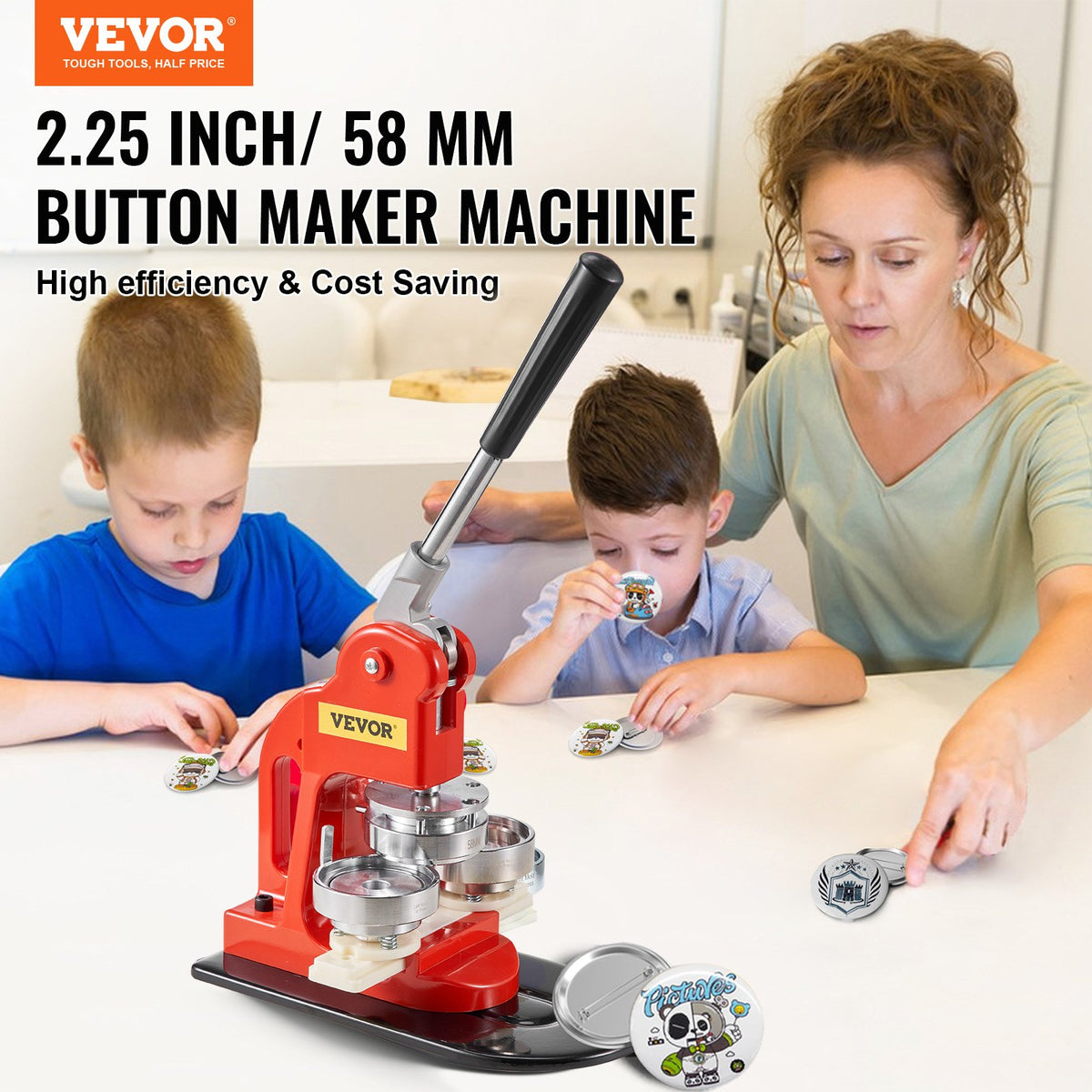 Button Maker Machine 2.25" 58MM Badge Pin Machine Press Kit with 500 Parts