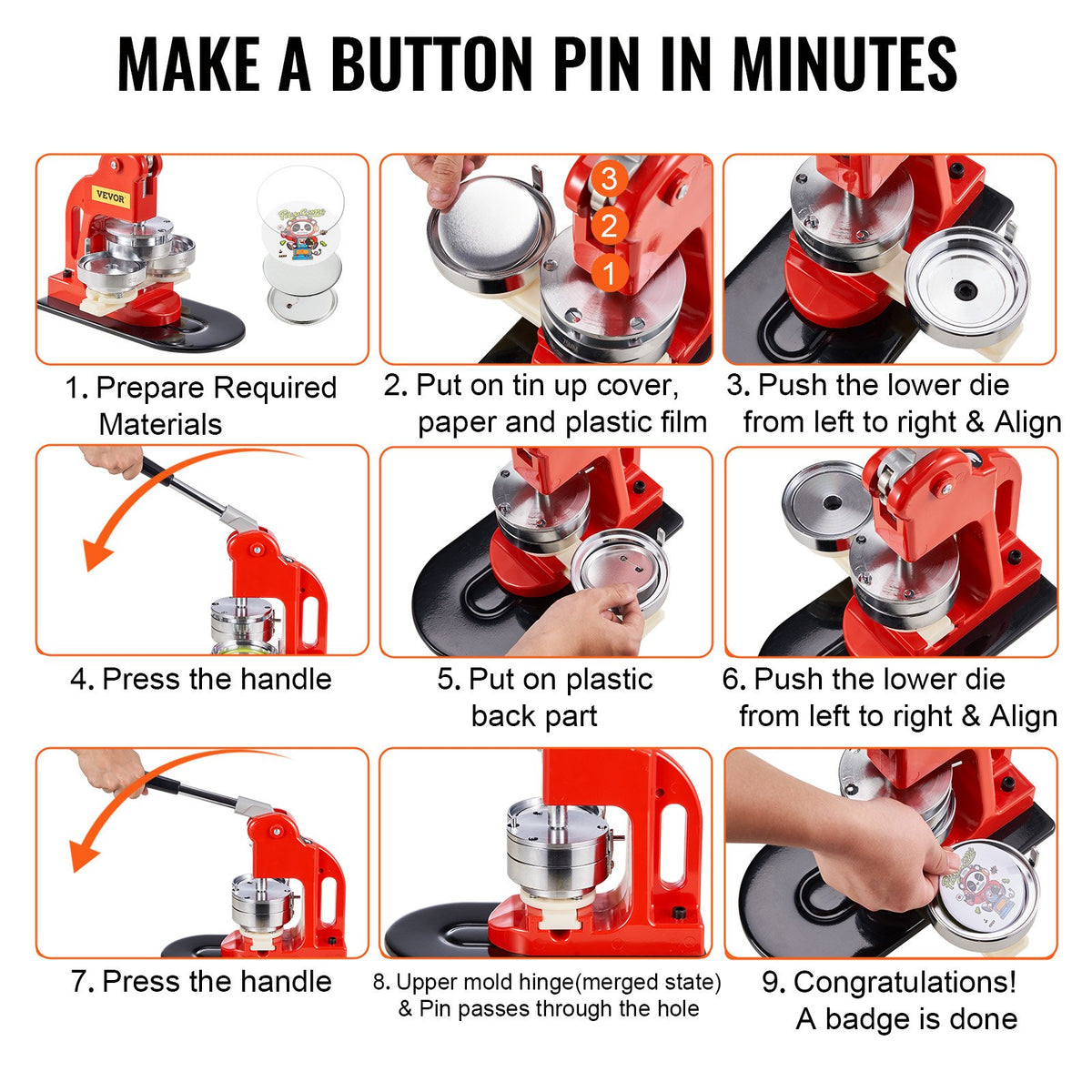 Button Maker Machine 2.25" 58MM Badge Pin Machine Press Kit with 500 Parts