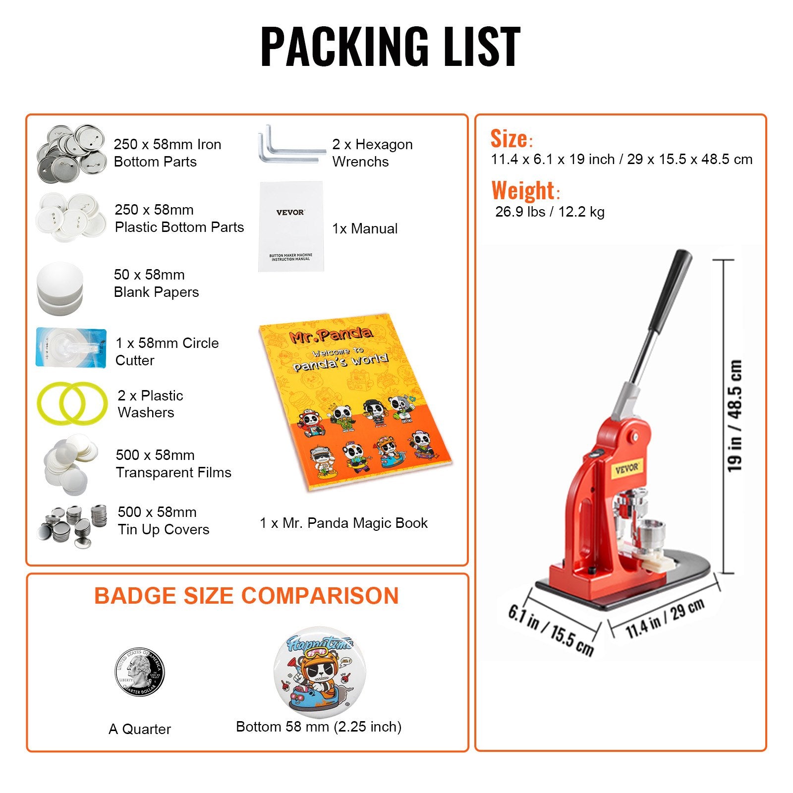 Button Maker Machine 2.25" 58MM Badge Pin Machine Press Kit with 500 Parts