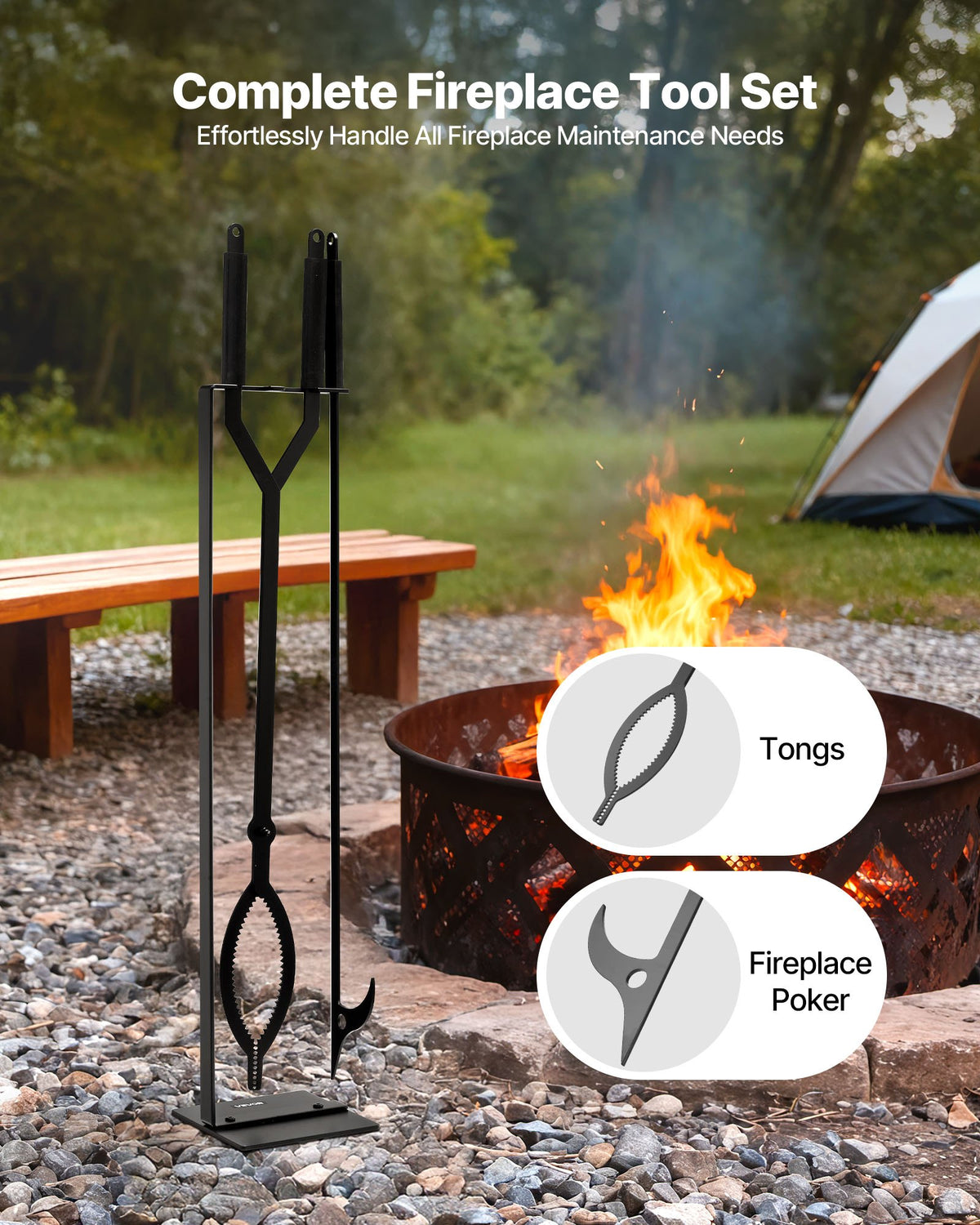 Fireplace Tool Set 3PCS Tongs Poker Wrought Iron Stand Indoor Outdoor Black